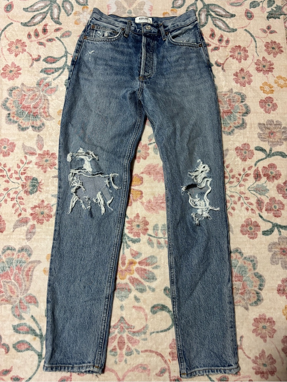 Agolde Distressed Skinny Jeans in Medium Blue